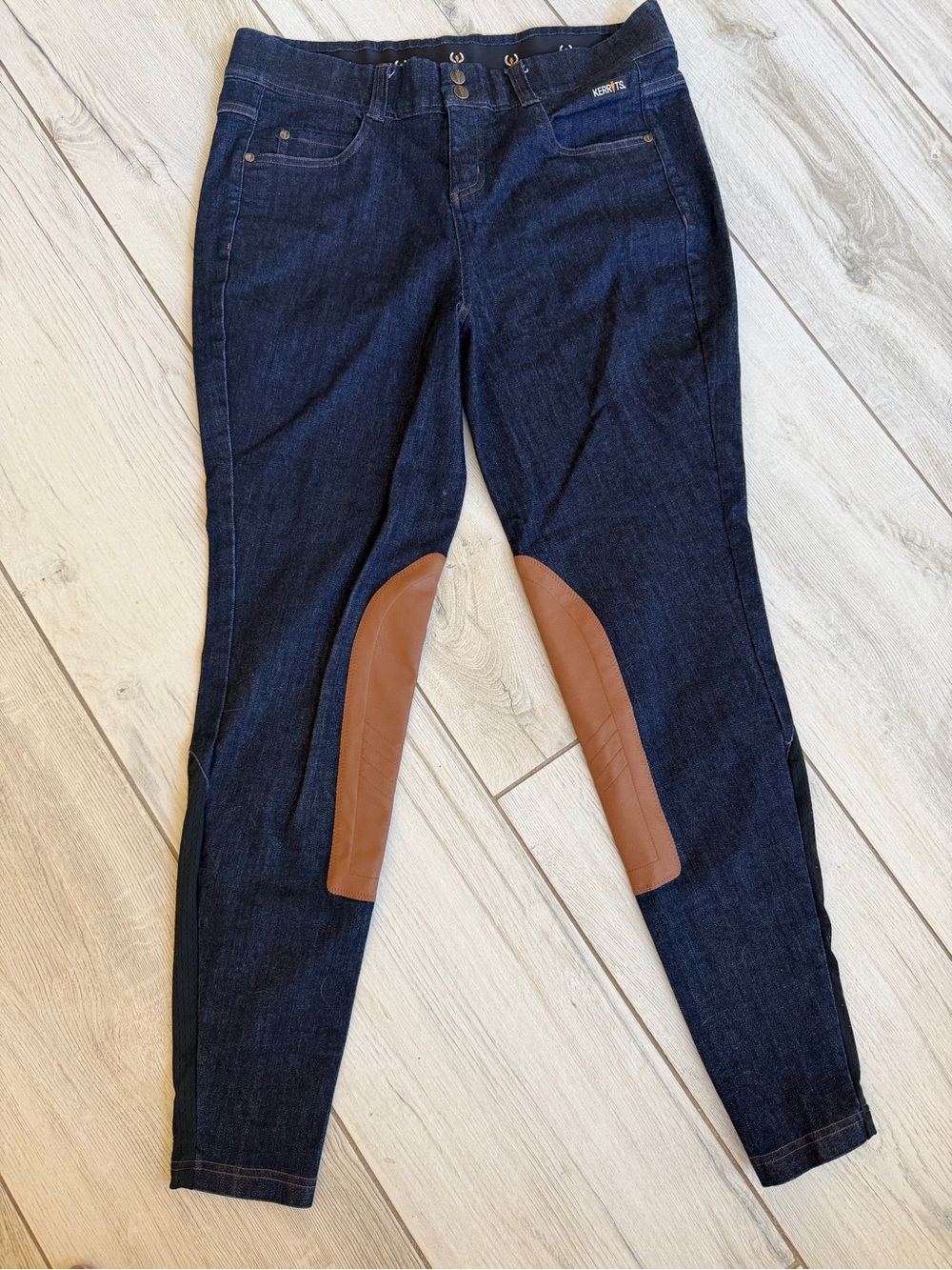 NWOT Kerrits Dark Blue Skinny Riding Jeans with Brown Knee Patches